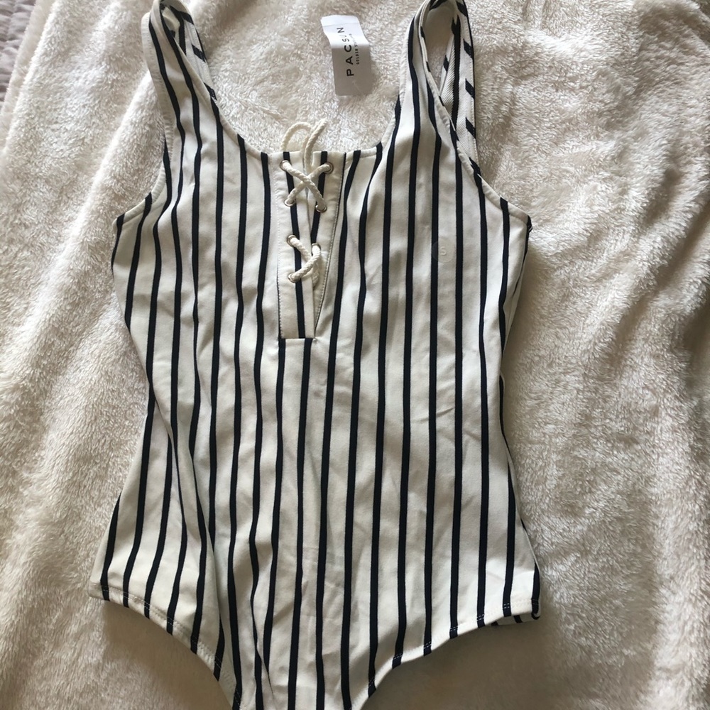 Navy blue and white bodysuit